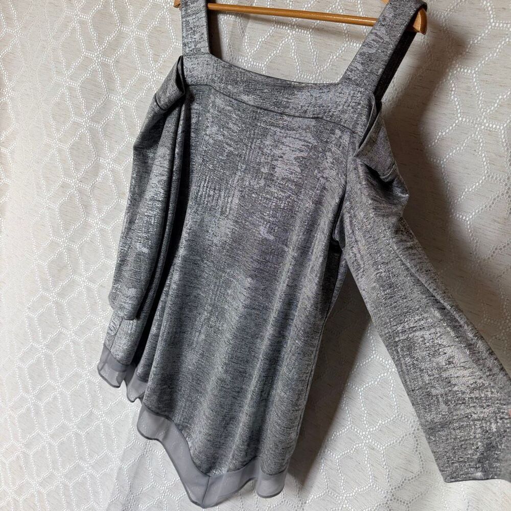 Tiana B XL Gray Metallic Silver Cold Shoulder Asymmetrical Top Party Evening